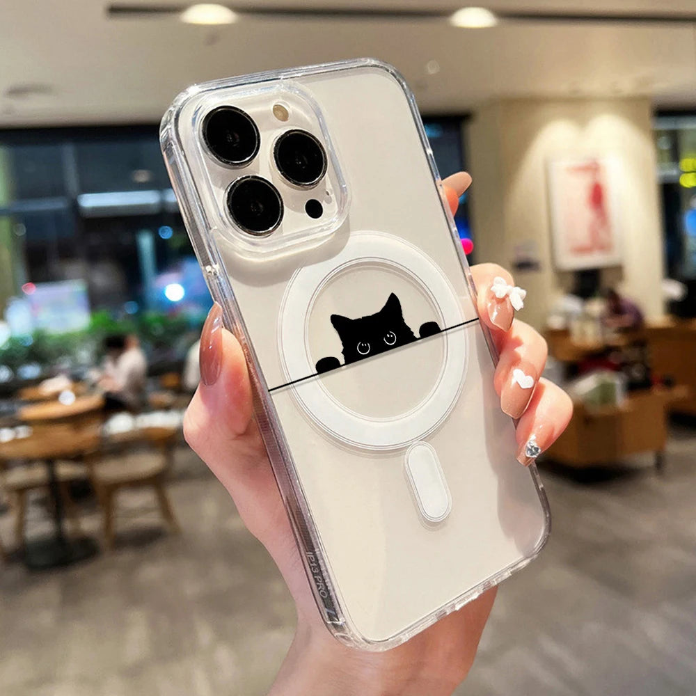 Cute Cat For Magsafe Wireless Charger Case For iPhone 17 16 15 14 11 12 13 Pro Max 17 Air Magnetic Shockproof Clear Phone Cover