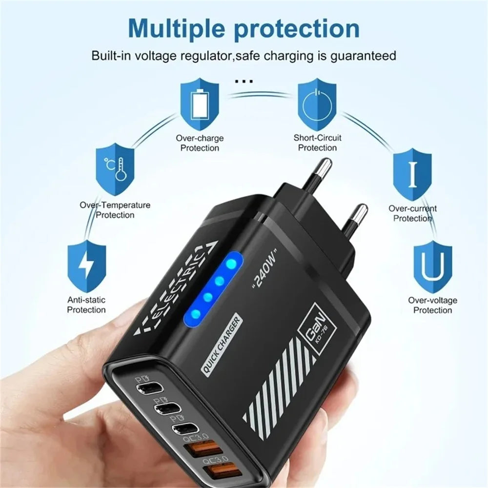 5 Port GaN USB C Charger 240W PD Fast Charging Adapter For iPhone 17 16 15 Pro Samsung Xiaomi Huawei Laptop Desktop PD Charger