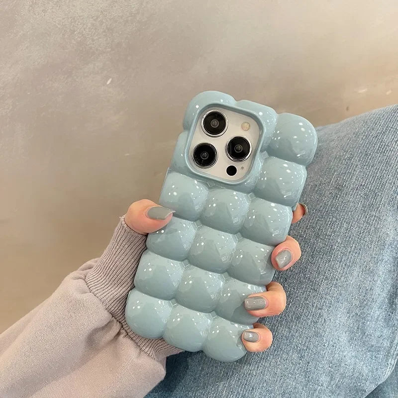 Cute Cartoon 3D Block Lattice Case for iPhone 15 14 13 16 Pro Max 12 11 Glossy Candy Solid Color Soft Silicone Shockproof Cover