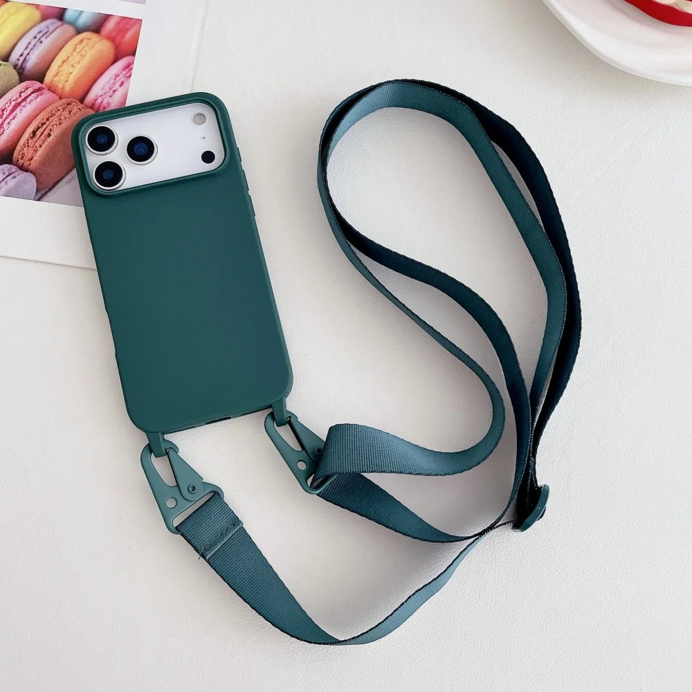 Crossbody Necklace Strap Lanyard Matte Silicone Case For iPhone 17 16 15 14 Pro Max 11 12 13 XR X XS 8 Plus SE Shockproof Cover