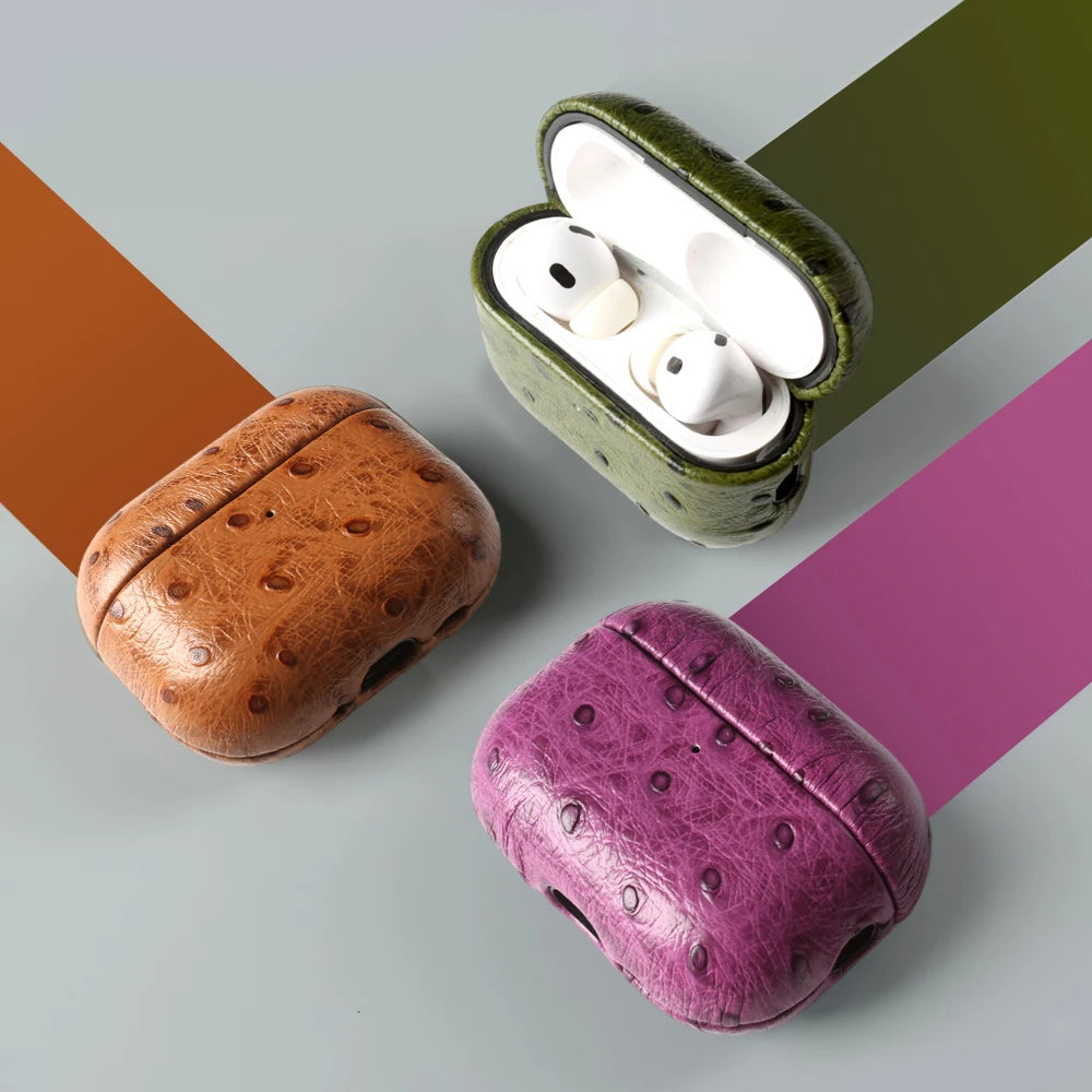 Luxury Ostrich Grain Leather Case For Airpods Pro 2 Cases airpods4 3 Wireless Bluetooth Headphone Earphone Box Protective Cover