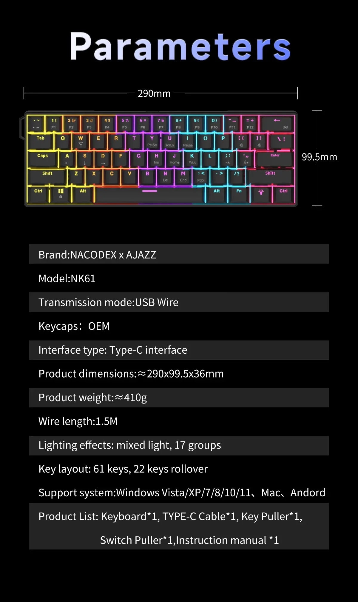 NK61 61Keys Wired Mechanical Keyboard Single-Socket Hot-Swappable Red Switch Melange RGB Backlight OEM Keycap ABS