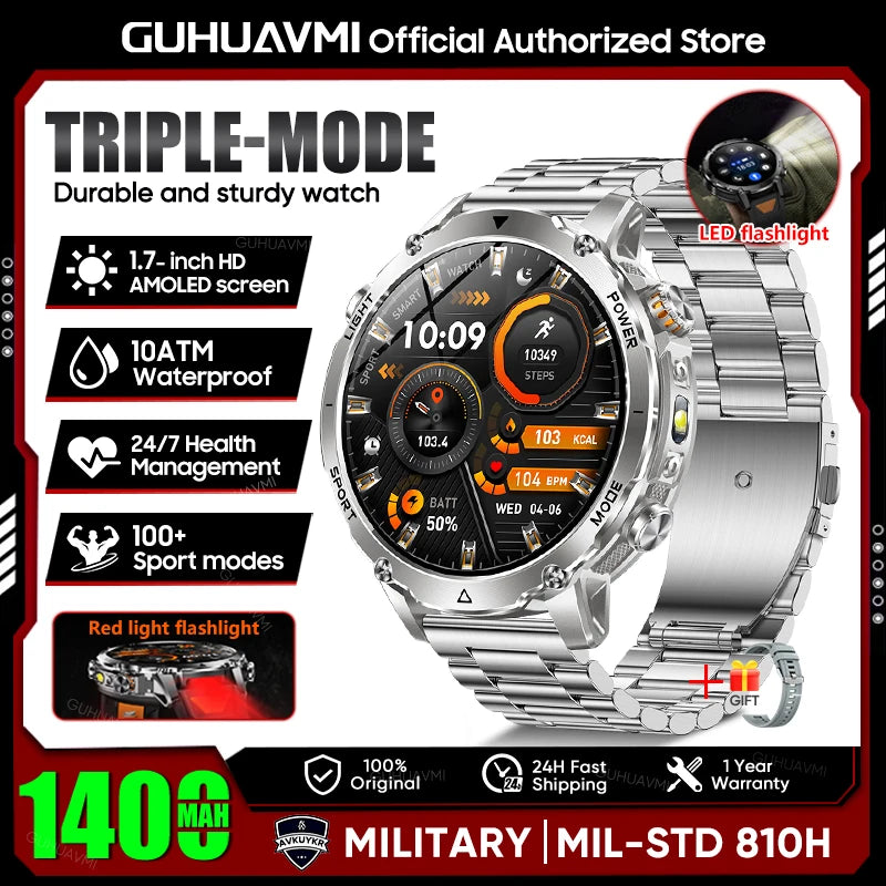2026 New TANK Ultra 1400mAh Battery Military Smart Watch 10ATM Waterproof Heart Rate Tactical LED Flashlight Men Sports Bracelet
