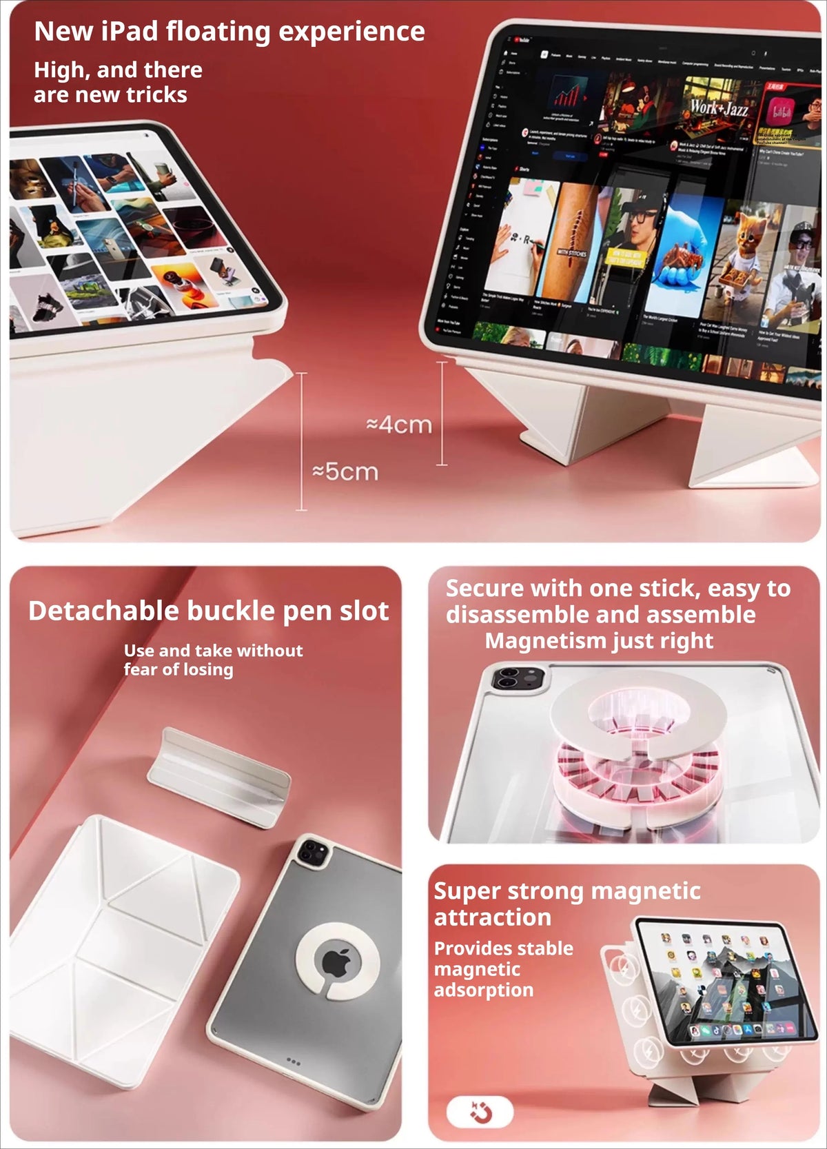 ZOYU for iPad 10/11th Increase Height Bracket Case, Magnetic Transparent Removable Cover iPad Pro 11 12.9 13 Air 4/5th mini 6/7