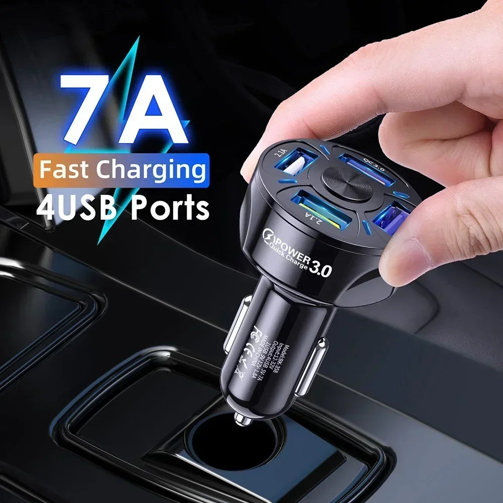 4 in 1 Retractable Car Charger Fast Charging Car Charger  with USB Type-C Cable & 2 Type C Charging Ports, Universal Car Charger
