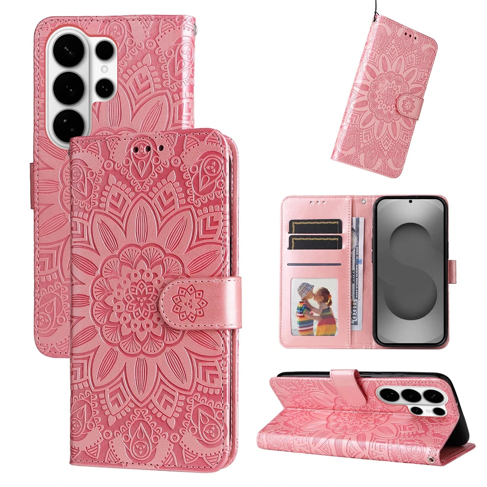Magnetic Leather Wallet Flip Case for Samsung Galaxy S26 S25 Edge S24 S23 S22 S21 S20 S10 S10e S9 S8 Plus FE A07 Cover Sunflower
