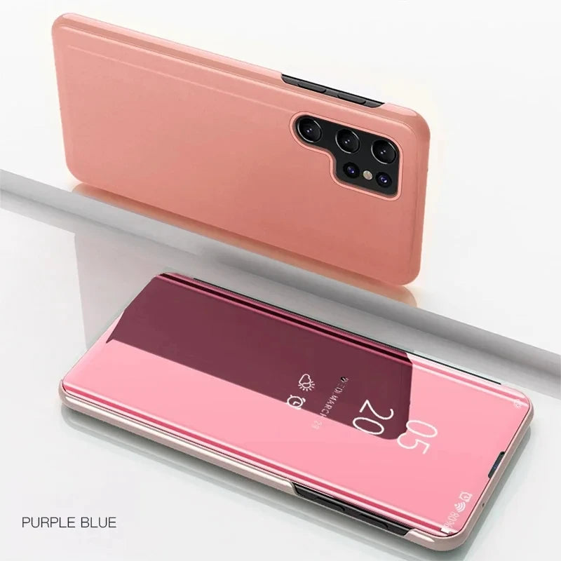 Mirror Flip Luxury Cases For Samsung Galaxy S26 Ultra S25 S23 S22 S21 Plus Fe Note 20 S24 Ultra Leather Texture Shockproof Cover