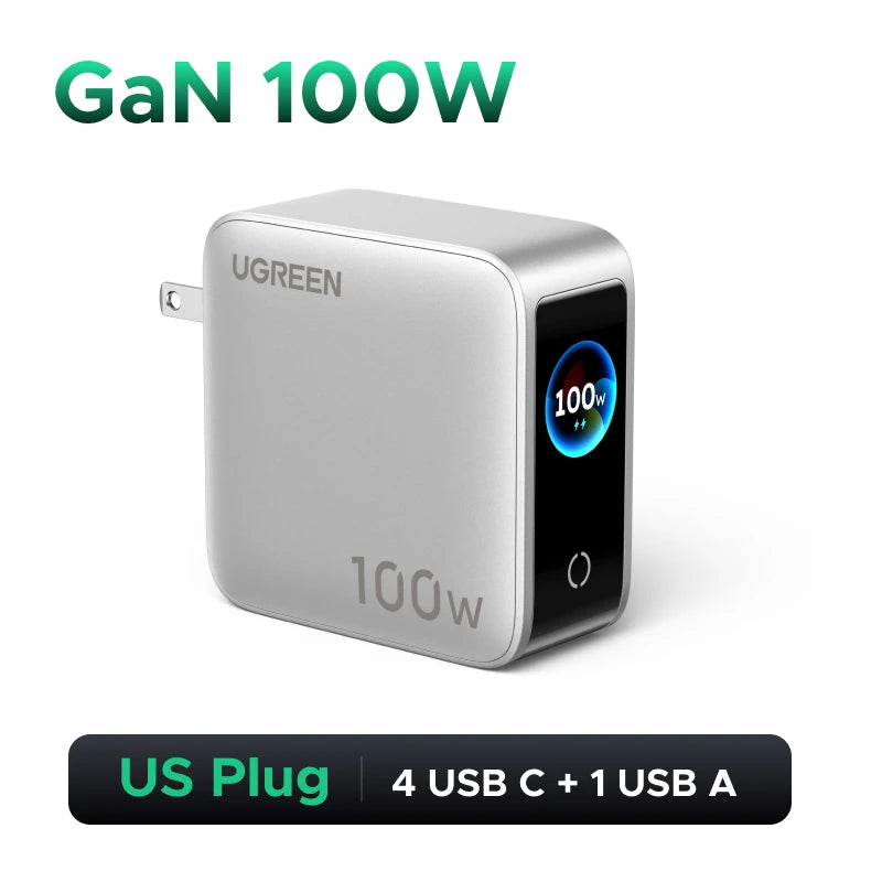 UGREEN 100W GaN Charger With Smart Display QC4.0 PD 3.0 USB C Charger For MacbookPro Laptop iPhone 17 16 Pro iPad Tablet Samsung