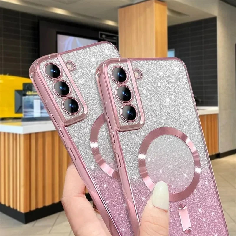 Glitter Magnetic Case For Samsung Galaxy S26 S24 Ultra S23 S22 S21 Plus S20 FE A56 A55 A36 Plating Wireless MagSafe Bright Cover