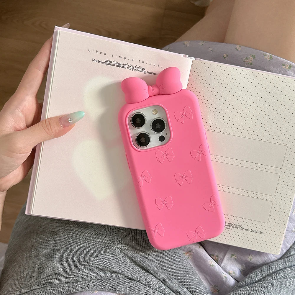 3D Cute Bowknot Cartoon Tie Silicone Phone Case for IPhone 13 14 15 16 Pro Max 17 15pro Shockproof Soft Lovely Cover