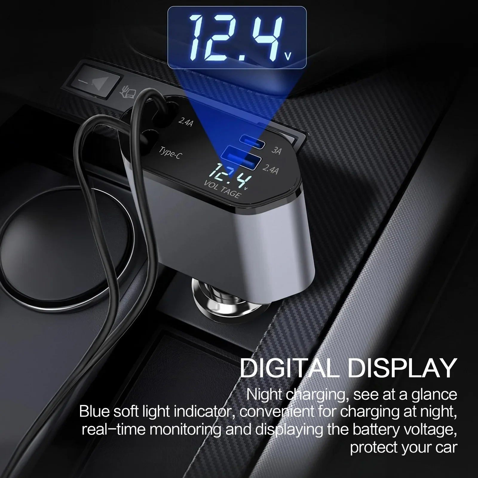 4 in 1 Retractable Car Charger Fast Charging Car Charger  with USB Type-C Cable & 2 Type C Charging Ports, Universal Car Charger