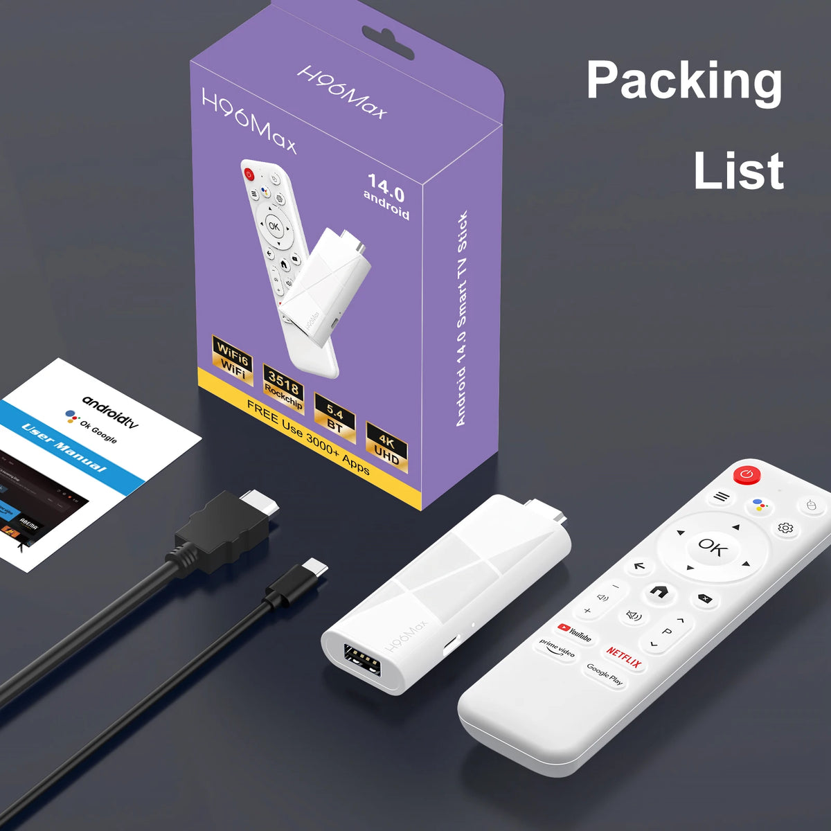 2026 H96 MAX RK3518 Android14 Smart Mini TV Stick Wifi6 BT5.4 4K HD 3D Quad-Core Google Voice Assistant Home TV Box Media Player