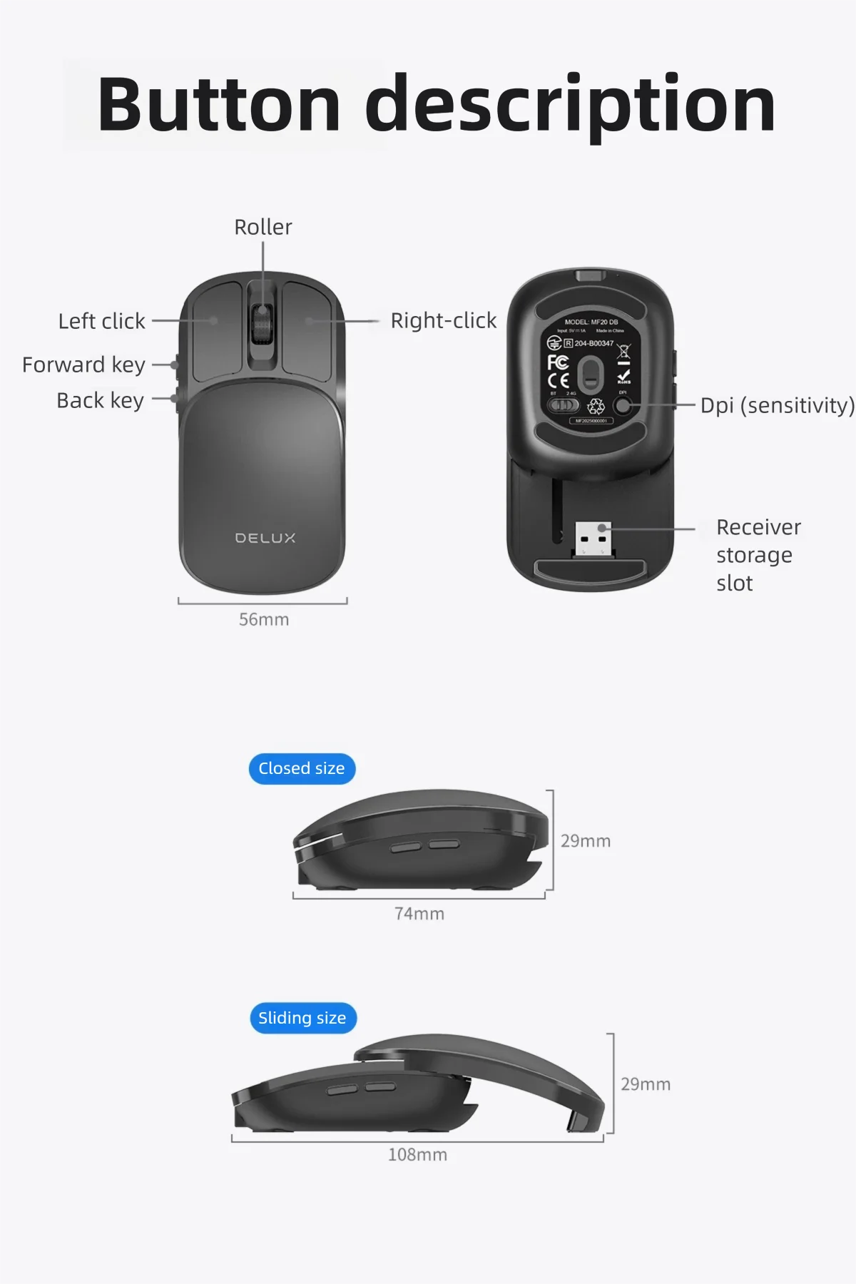 Delux Pocket Folding Mouse Wireless 2.4G Bluetooth5.2 Silent Click Portable Ultra-light 55g for MacBook Tablet Computer PC Mice