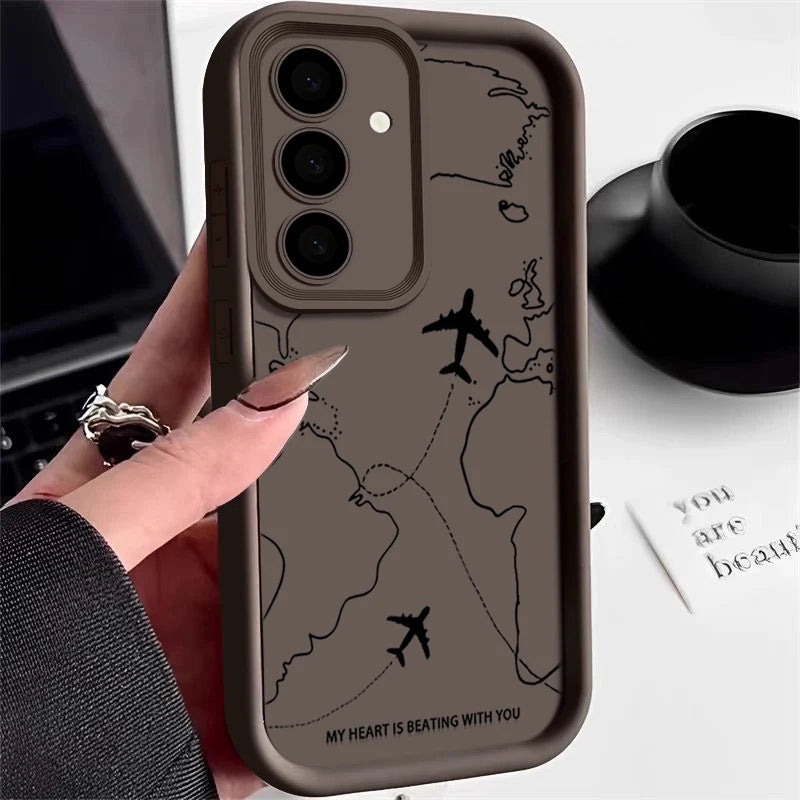 Airplane Route Silicone Case For Samsung Galaxy S25 FE Edge S26 S24 S23 Ultra S22 Plus A57 A37 A17 A14 A15 A55 A56 A36 A26 Cover