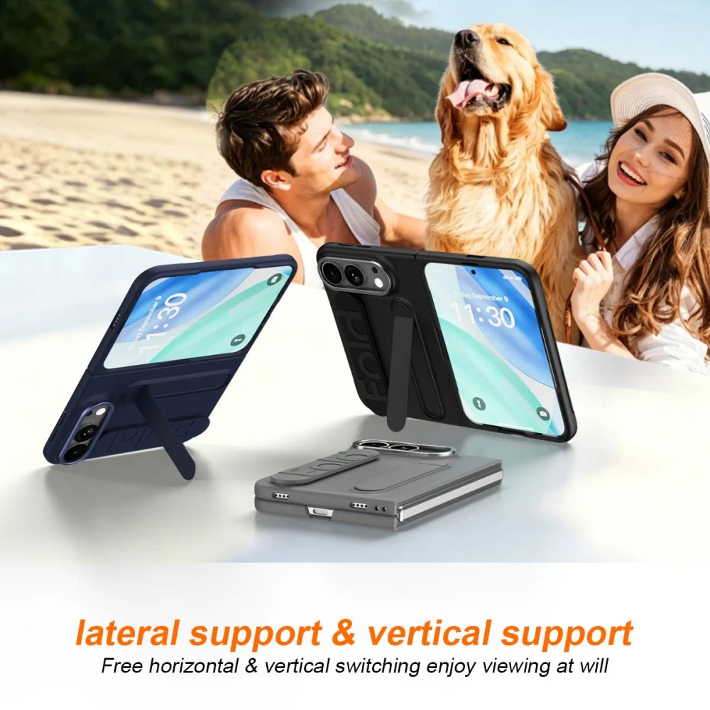 For iPhone Duo Cases Luxury Wristband Folding Bracket Case for iPhone Duo 2026 Fold Wrist Strap Built-in Screen Protector Cover