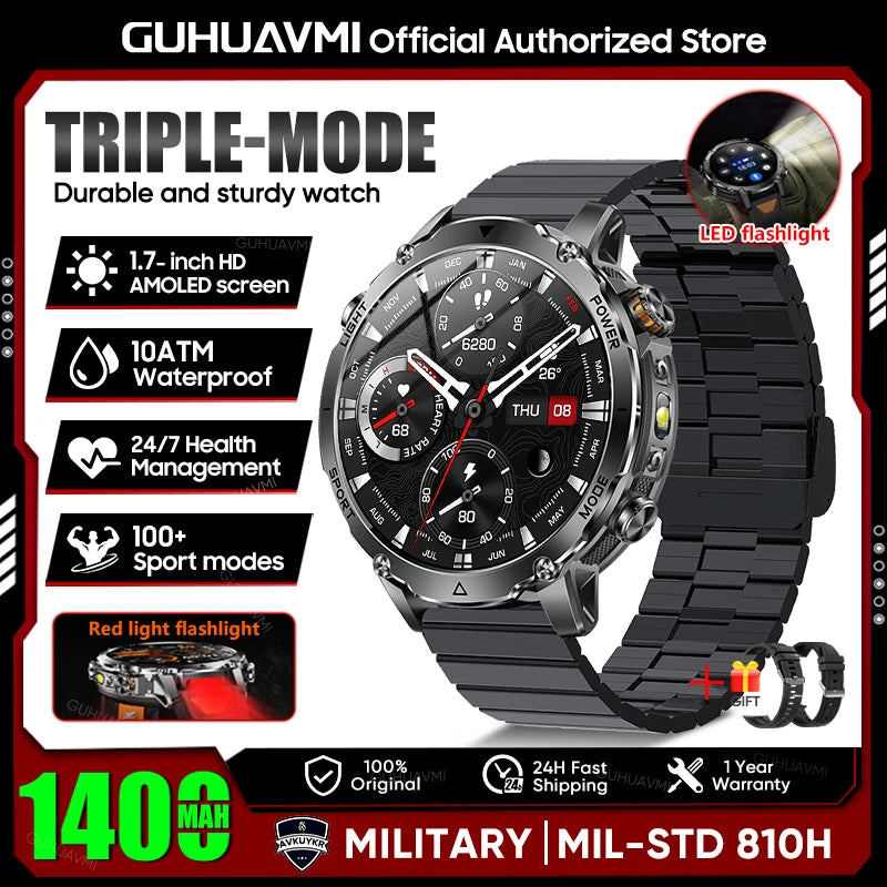 2026 New TANK Ultra 1400mAh Battery Military Smart Watch 10ATM Waterproof Heart Rate Tactical LED Flashlight Men Sports Bracelet