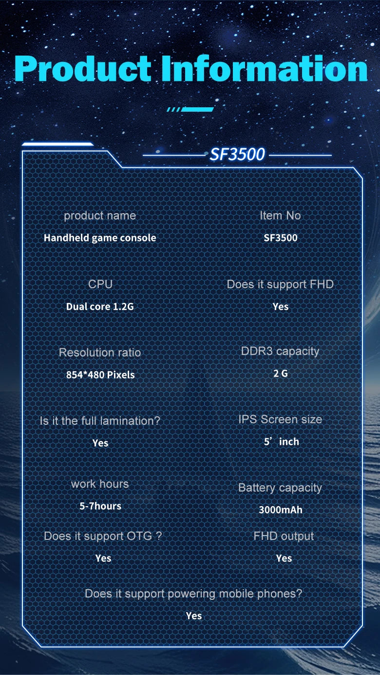 Multifunctional 5 Inch IPS HD Retro Handheld Game Console SF3500 Support Multi-System with FHD Port& Dual Core,256GB Expandable