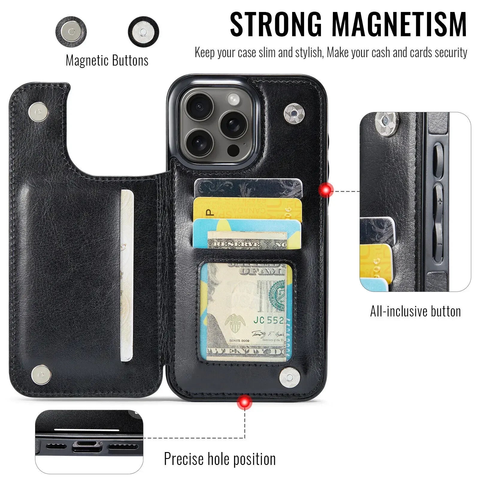 Wallet Card Holder Case for iPhone 16 15 14 13 12 11 Pro Max XS XR Leather Cover