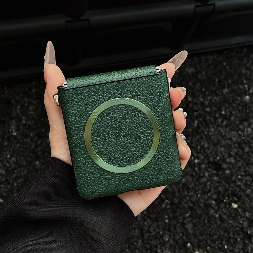 Original Lychee Pattern Leather for Magsafe Wireless Charging Case for Samsung Galaxy Z Flip 8 7 6 5 Strap Anti-drop Slim Cover