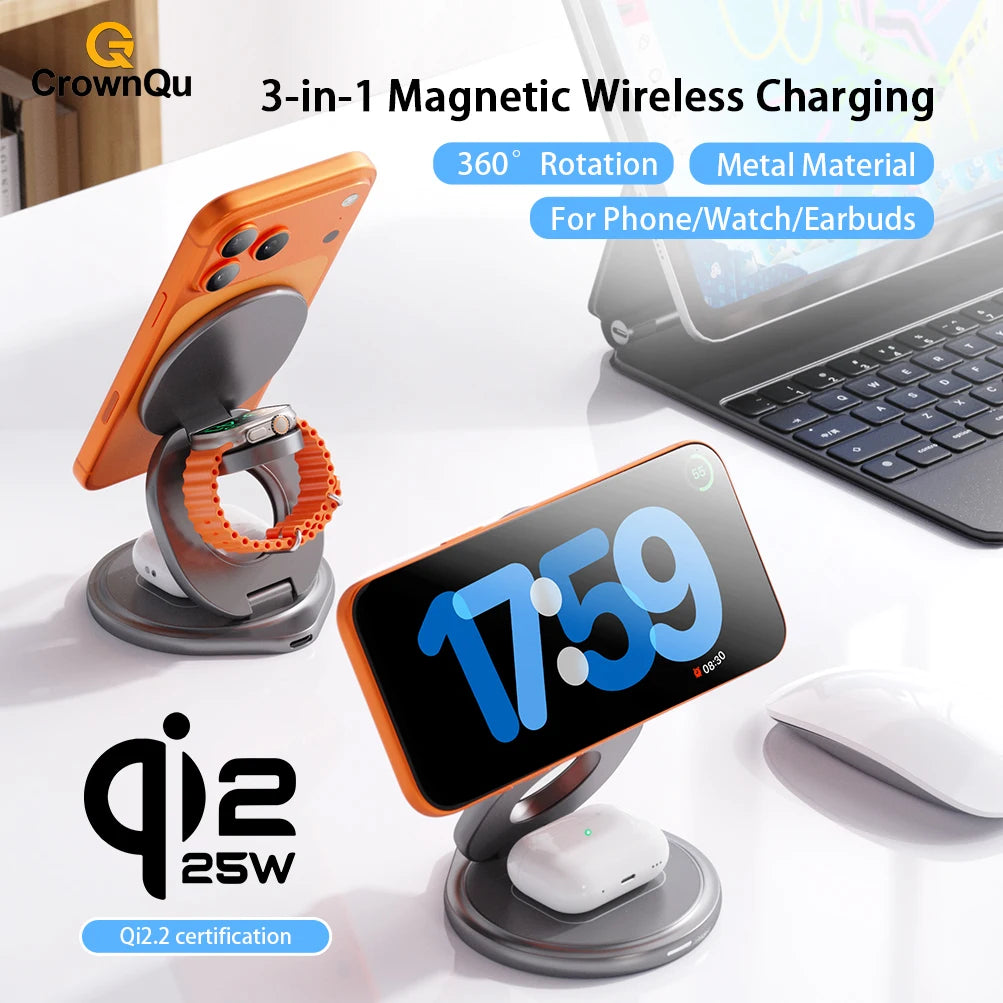 Qi2.2 25W Metal Wireless Charger Protable Fast Charging Station Stand 360° Rotation for iPhone 17 16 15 14 Pro Max Watch Airpods