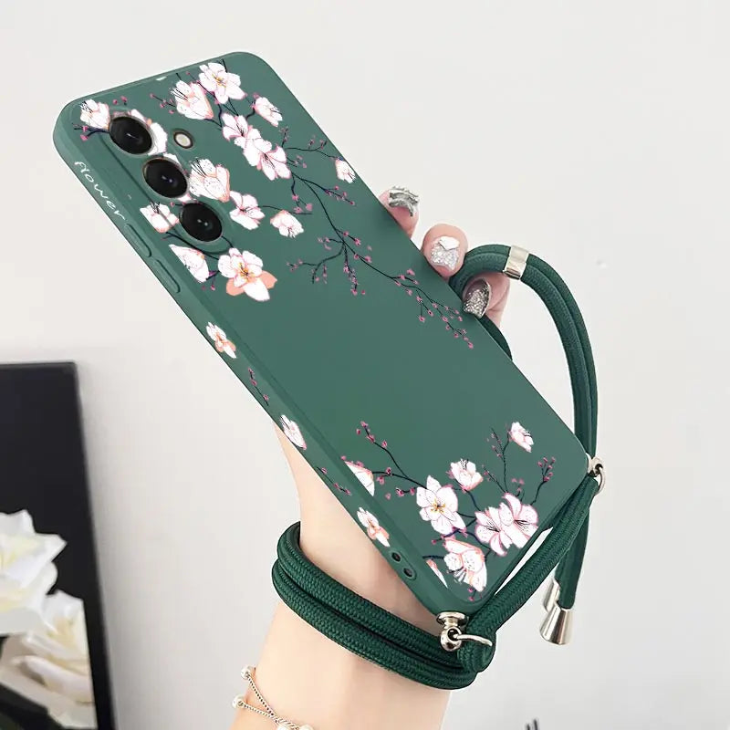 S24 Delicate Flowers Lanyard Silicone Phone Case For Samsung S24 S24Plus S21 S21FE S23FE S23Plus S22Ultra S20FE S24Ultra Cover