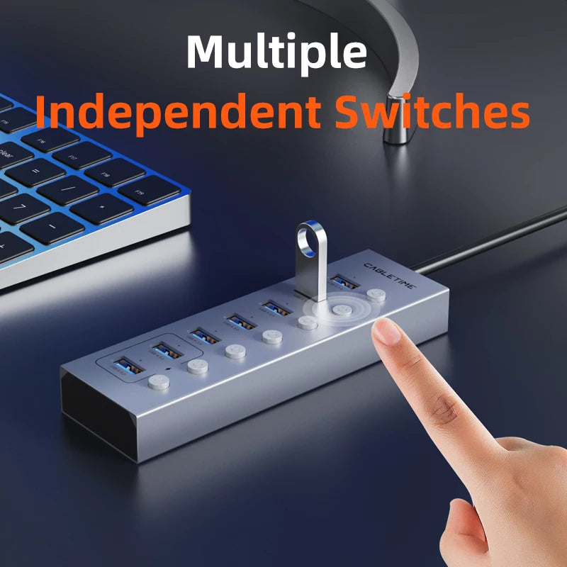 CABLETIME USB 3.0 HUB 5Gbps Dock Station 7-Port USB3.0 Splitter with Individual OFF/ON Switch for PC Laptop USB Ports Extender