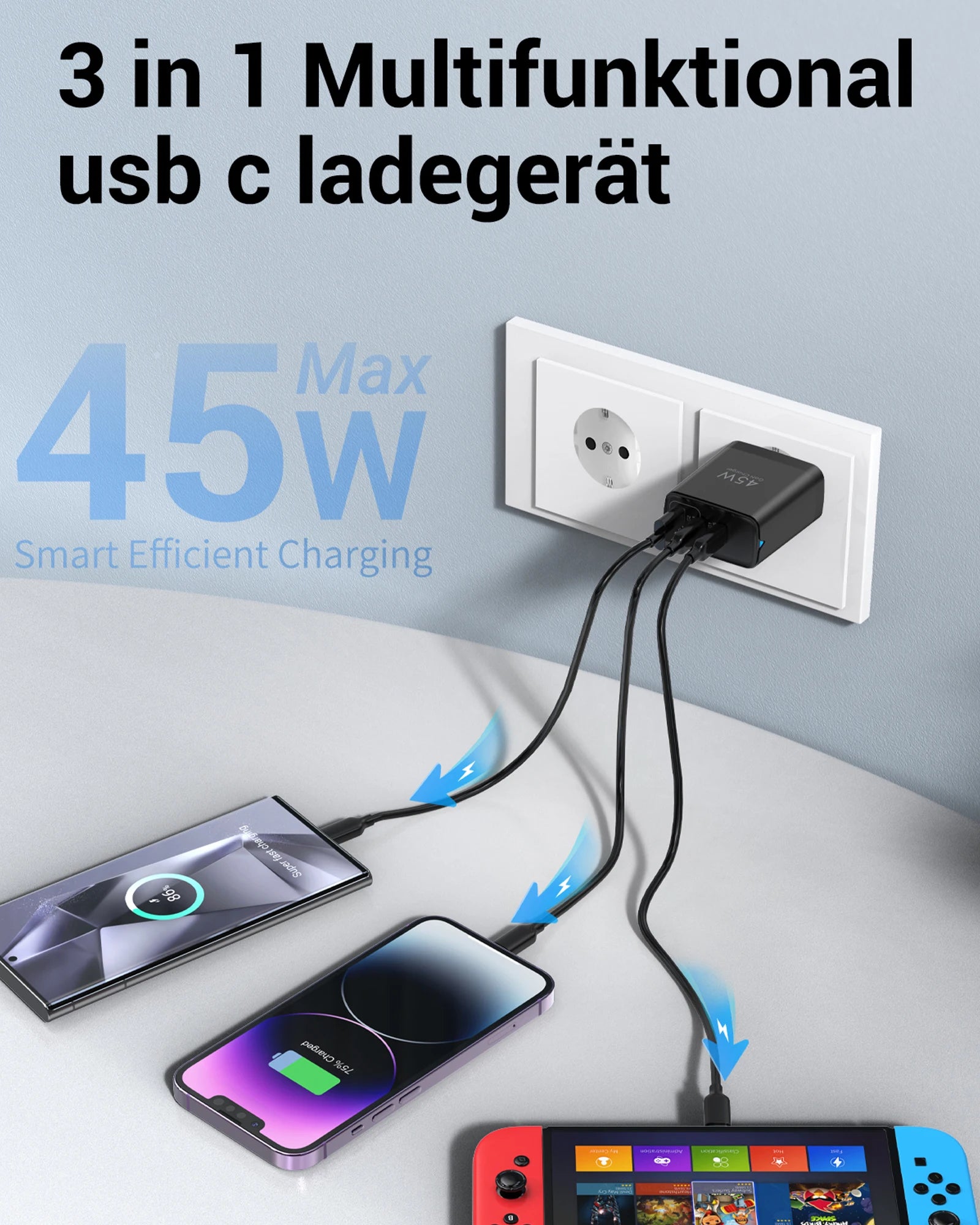 2-Packs 3in1 45W USB Charger Fast Charge QC 3.0 Wall Charging For iPhone Samsung Xiaomi Mobile EU US AU  Plug Adapter Travel