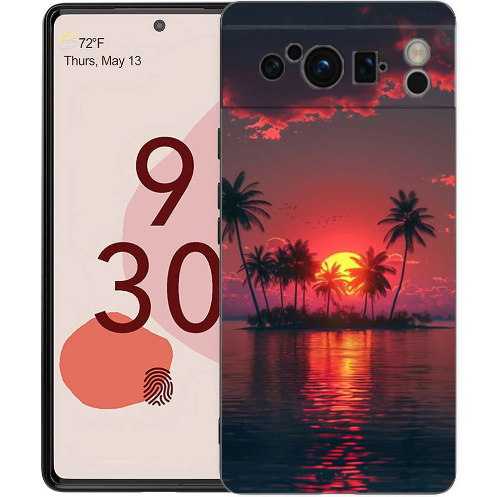 Summer Beach Scene at Sunset on sea Palm Tree Phone Case For Google Pixel 9 8 7 6 Pro XL 8A 7A 6A TPU Shell Shockproof Cover