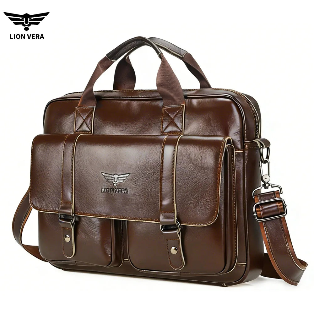 LION VERA Men's Genuine Leather Briefcase Business Casual Commuting Bag Portable Crossbody Shoulder Bag 15.7-inch Laptop Bag