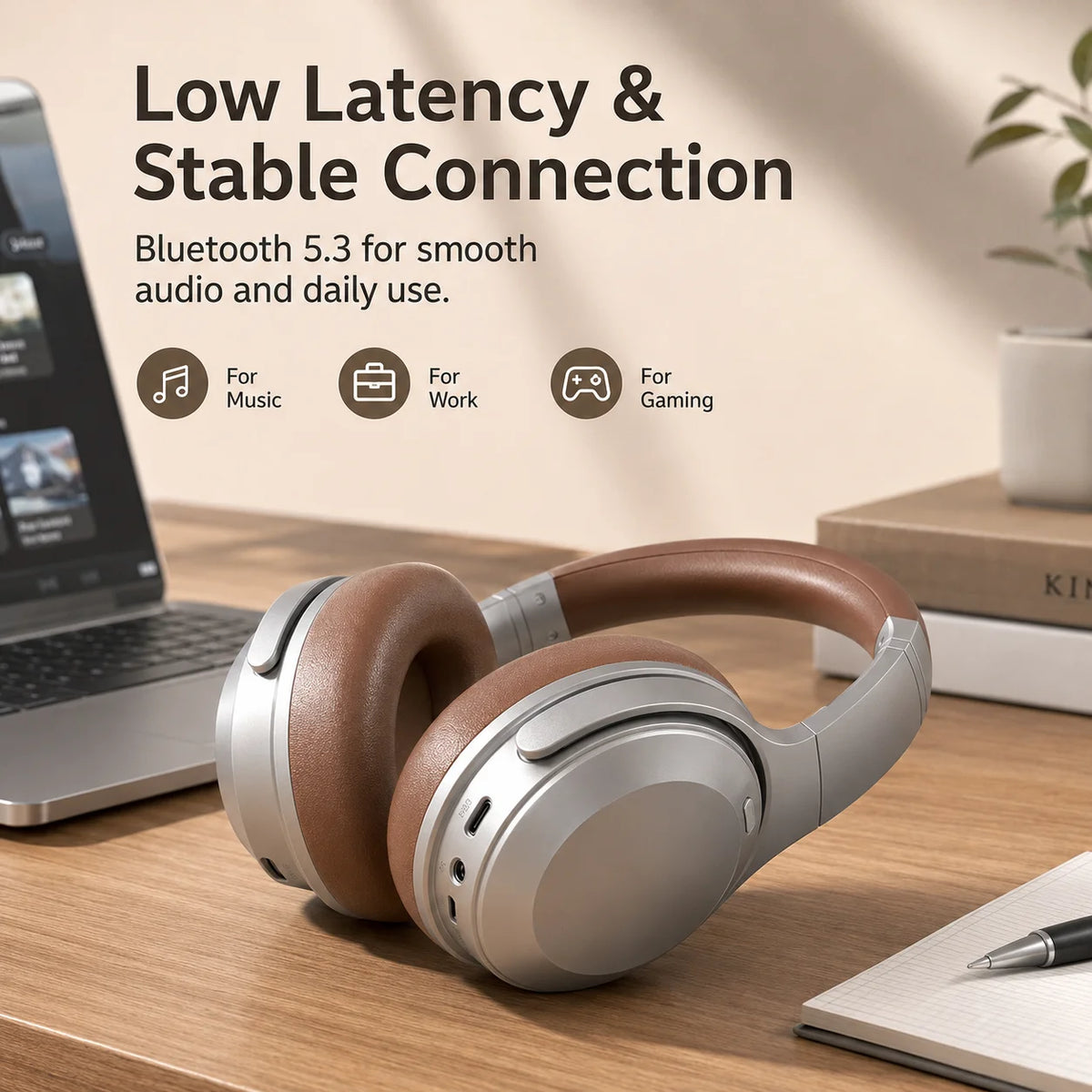 ANC Headphones Bluetooth 5.3 Over Ear Earphones Wireless Hi-Fi Stereo Headset with Mic 35H Playtime Type-C AUX Foldable Design