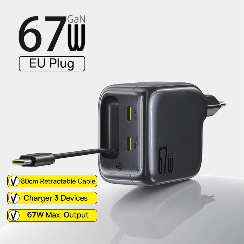 Baseus 67W 100W Fast Charger GaN Charger USB C Retractable Cable Phone Charger For iPhone Samsung Laptop Charger PD QC Charger