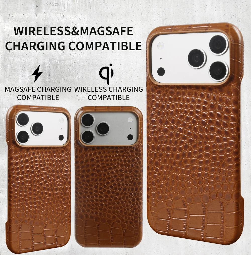Real Leather Case Crocodile Pattern For iPhone 17 Pro max Air 16 pro 15 14 13 12 11 Luxury Wireless charging Protective Cover