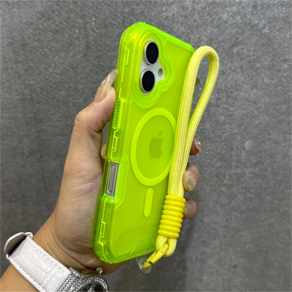 Luxury Armour Matte For Magsafe Phone Case For iPhone 17 11 14 12 13 15 16Pro Max Colourful Wrist Strap Lanyard Shockproof Cover