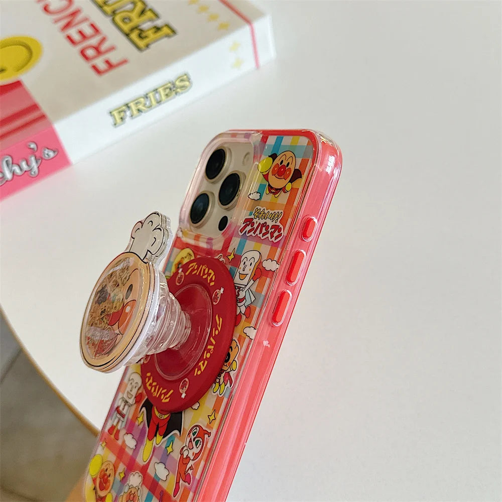 Anime cartoon bread superhero phone case, suitable for iPhone 13, 14, 15, 16 Pro Max Fundas, with stand and shock-absorbing prot