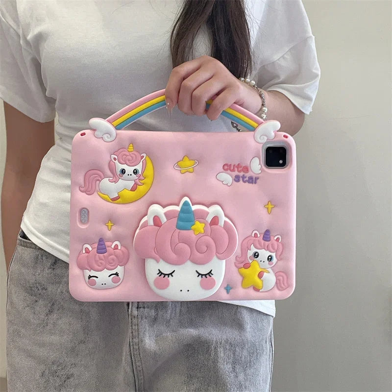 Kids Silicone Case For New iPad A16 11th/10th Generation iPad Air11 M3 M2 Mini Air 7 6 5 4 Pro11 M4 Cartoon Unicorn Holder Funda
