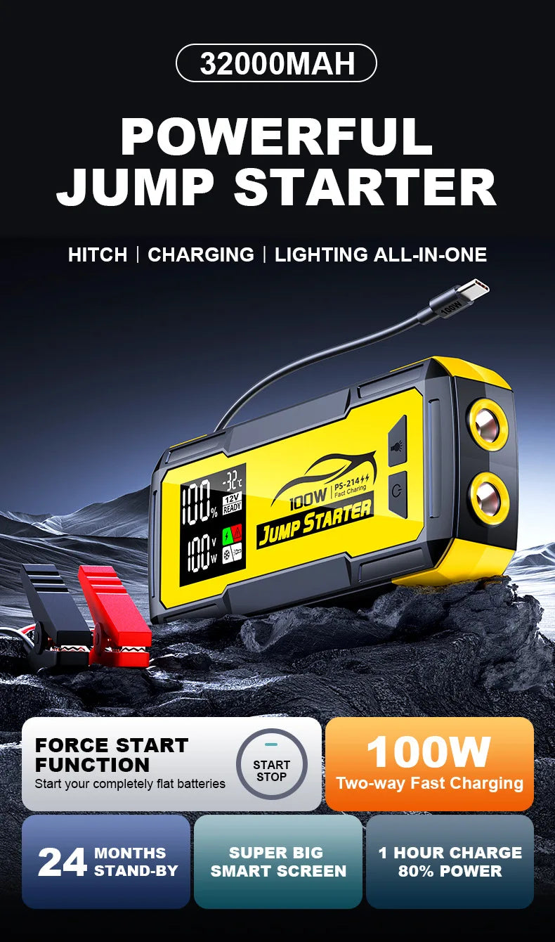 32000mAh 100W Car Emergency Battery Starter Jump Portable Power Bank Multi Function 8000A Ultra-Large Capacity Starting Device