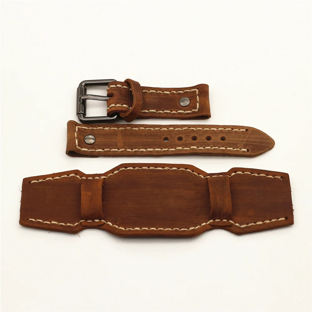24mm Genuine Leather Watchband Handmade Stitched Pin Belt Punk Vintage WatchStrap Homme Men Jewelry