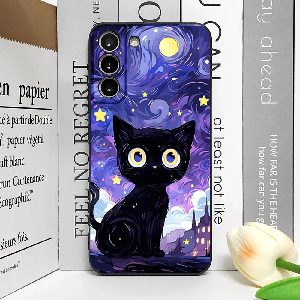 Artistic Black Cat Starry Night Soft TPU Phone Case For Samsung Galaxy S23 S24 S25 Ultra S22 S21 S20 Plus FE A15 A54 A55 Cover