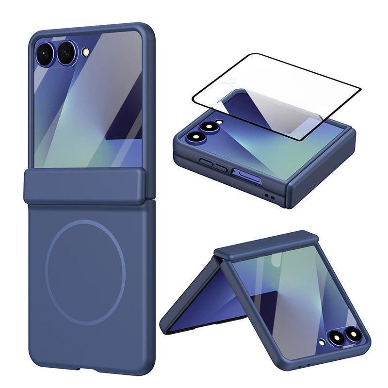 Hinge Protection Phone Case For Samsung Galaxy Z Flip 8 7 6 5 4 3 Magnetic Wireless Charging Case With Built-in Glass Film