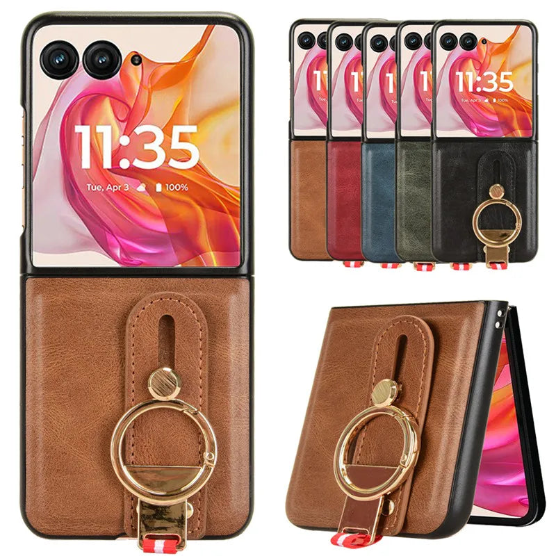 Luxury Wristband Leather Case for Motorola Razr 70 60 50 Ultra 2026 2025 2024 Moto Razr 40 Plus 2023 Cover Ring Opener Funda