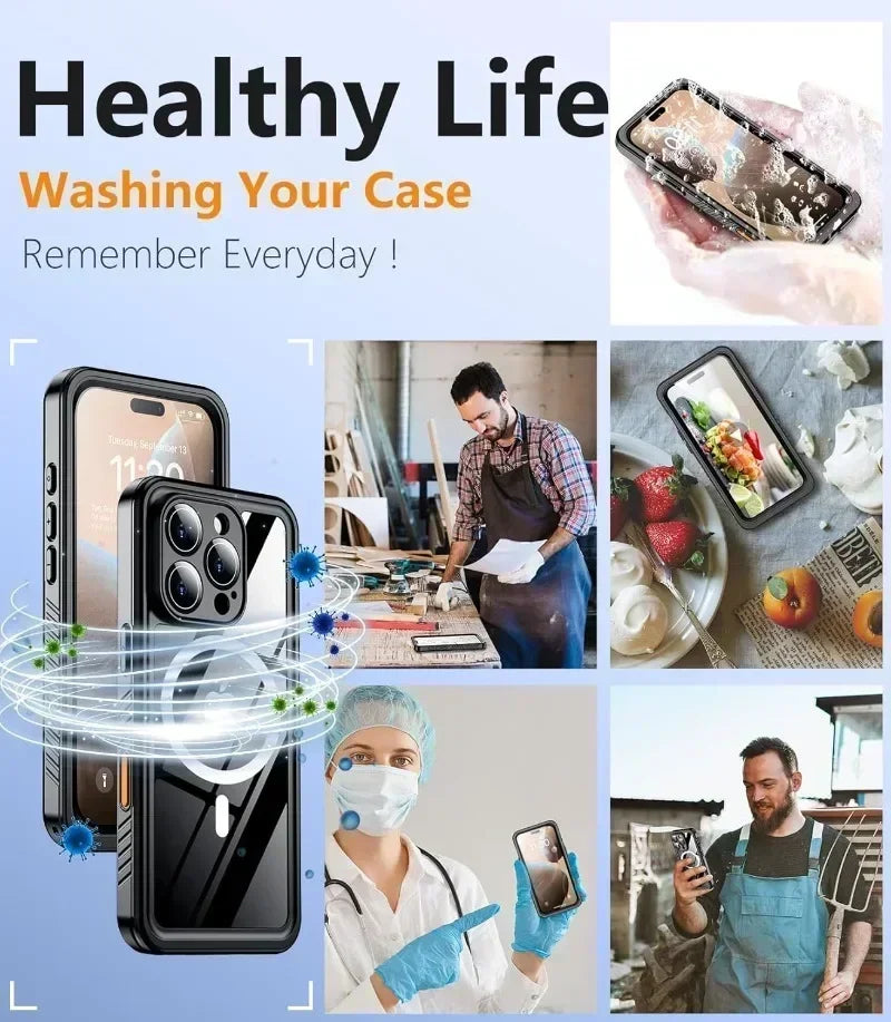 IP68 Waterproof Case For iPhone 17 16 15 Pro Max Plus Full Body Protective Cover Swim Underwater Diving Magsafe Magnetic Fundas