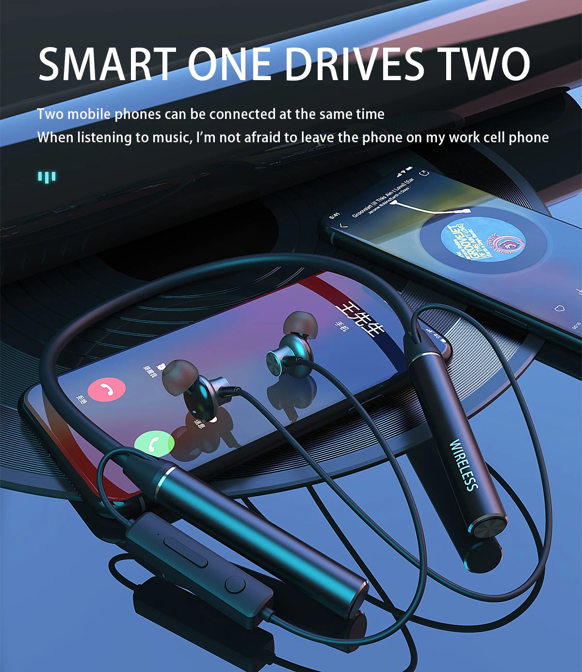 Neck-mounted TWS sports Bluetooth earphones with a metal casing, memory neckband, bendable and portable. Supports TF card playback for music. Dual battery design for ultra-long battery life. Supports simultaneous connection t