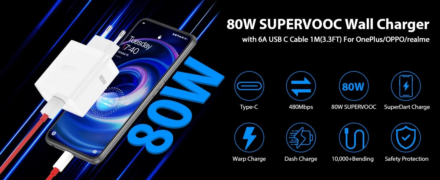 EU Plug 80W Ultra Fast Charger For OnePlus 8 9 10 11 12 13 Nord 2 2T N200 N300 5G OPPO Realme Type C USB SuperVooc Charge Cable