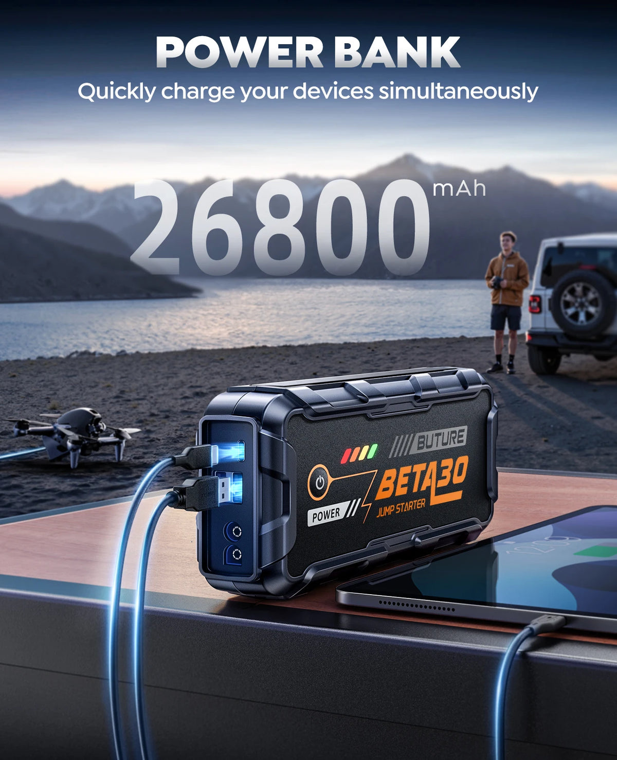BUTURE 6000A Car Jump Starter Power Bank 18W Portable  Battery 26800 mAh Car Battery Emergency Boosters BETA30