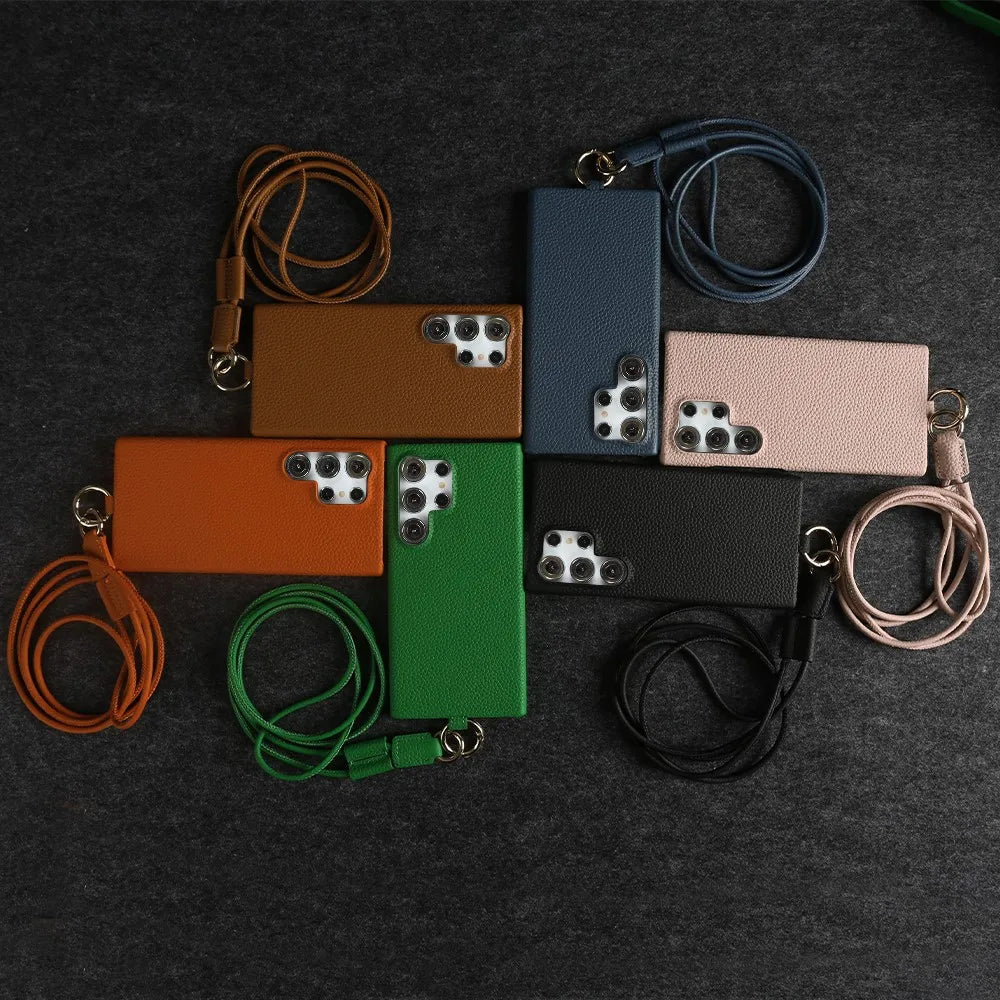 Luxury Cowhide Genuine Leather Case For Samsung Galaxy S26 Ultra S23 S22 S21 S26FE  Strap Crossbody Lanyard Phone Cover Coque