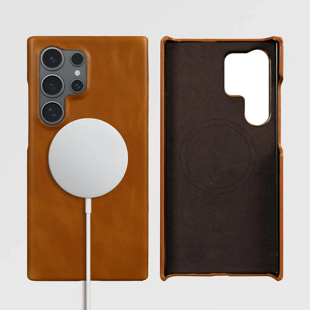 For Samsung S26 Ultra Case Magnetic Magsafe Oil Wax Genuine Leather Phone Cases For Galaxy S25 S24 S23 S22 Cover Wireless Charge