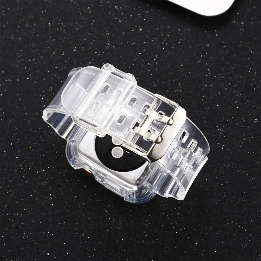 Clear Band + Case for Apple Watch Series 9 8 7 6 SE 5 49mm 45mm 44mm 38mm 41mm Transparent for iwatch 10 46mm 42mm Plastic Strap