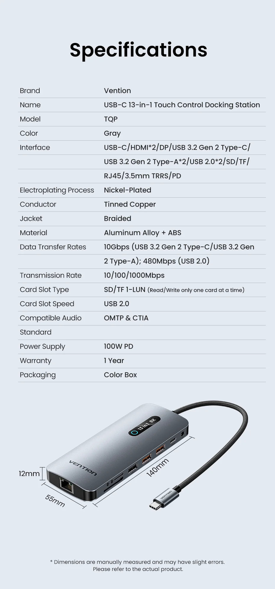 Vention 13 in 1 USB C Docking Station 8K DP Triple Display Dual 4K HDMI USB 3.2 HUB One Touch Screen Off for MacBook Pro Windows