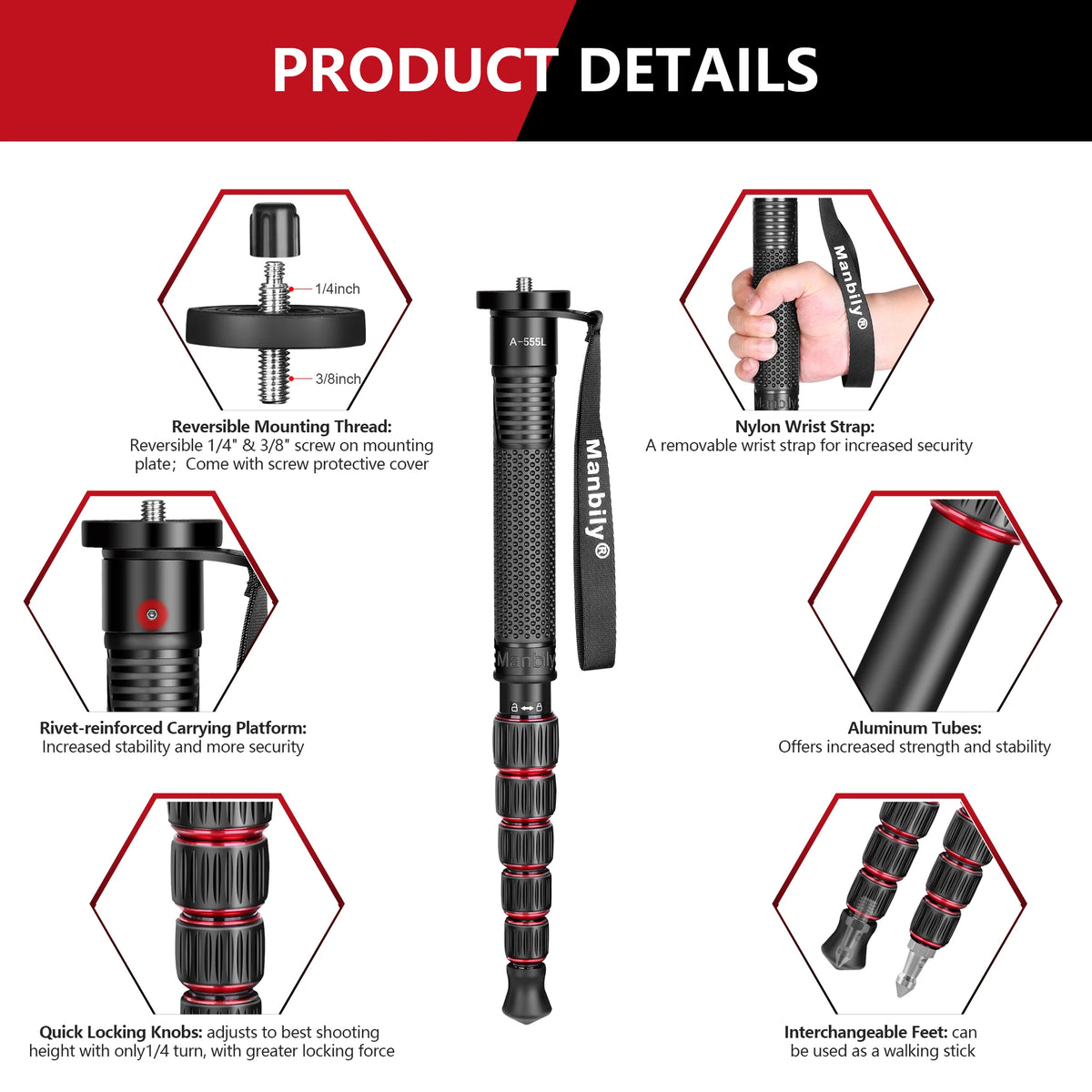 Manbily A555L Aluminum Camera Monopod Portable Walking Stick Lightweight 1.55M Travel Selfie Stick  For DSLR Tripod Base
