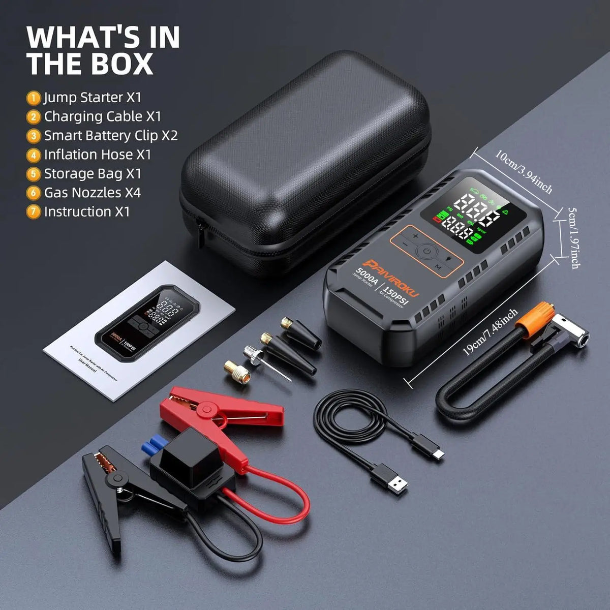 5000A Car Jump Starter with Air Compressor 150PSI Tire Inflator Auto Battery Booster Portable Jump Box